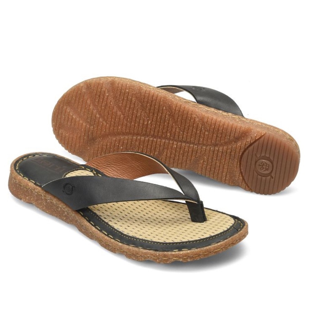 Born Basics Women's Bora Black Leather‎ Thong Sandals Flip Flops Comfort Size 11